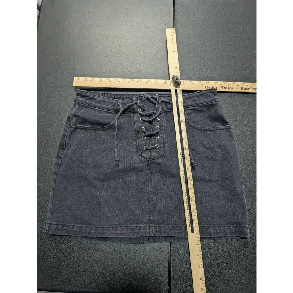 Kendall & Kylie Black Mid Rise Mini Criss Cross Drawstring Womens Denim Skirt 28